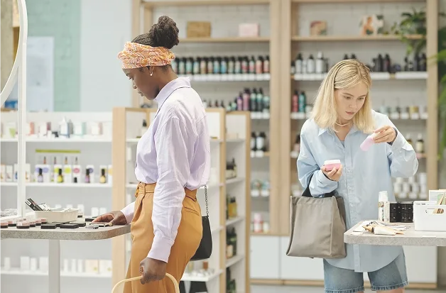 Duas mulheres examinam produtos em ilhas separadas de uma loja de cosméticos; uma consulta o celular enquanto a outra avalia frascos na mão.